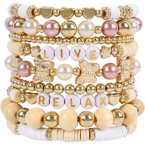 9Pcs Bohemian Beaded Bracelets for Women Boho Stretch Wooden Bracelet Set with Letter Beads Stackable Elastic Clay Surfer Heishi Bead Butterfly Charm Bracelets Handmade Jewelry Gifts for Girls, Beige