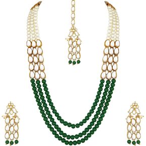 Aheli Faux Kundan Pearl Long Necklace with Earring Maang Tikka Indian Traditional Bollywood Jewelry Set for Women Girls