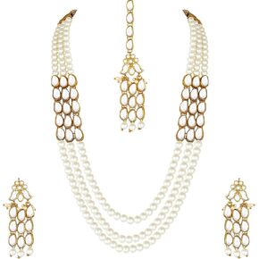 Aheli Faux Kundan Pearl Long Necklace with Earring Maang Tikka Indian Traditional Bollywood Jewelry Set for Women Girls