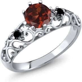 Gem Stone King 925 Sterling Silver Red Garnet and Black Diamond Engagement Ring For Women (1.11 Cttw, Gemstone Birthstone, Available In Size 5, 6, 7, 8, 9)