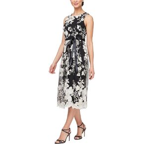 Alex Evenings Women's Sleeveless Midi Dress with Elegant Embroidery, Full Skirt and Tie Belt (Petite and Regular Sizes)