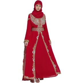 ANIIQ Women Dubai Kaftan Farasha Caftan Long Maxi Dress Long Sleeves Georgette Ethnic, Bridal, Evening, Party, Wedding Dress, Color- Red