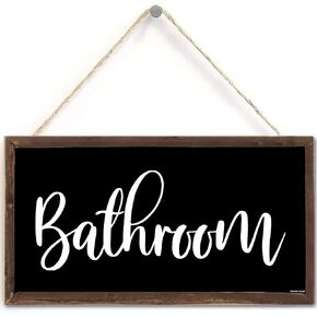 Bathroom Sign in Black 6 inch by 12 inch Hanging Wall Art,Cool Decorative Wood Sign Home or Office Bathroom Door Decor (US-G091)