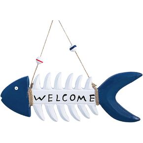 Fish Wall Decor Mediterranean Beach Themed Welcome Sign Wooden Fish Skeleton Nautical Ornament for Kids Room Kindergarten School Bathroom 10.8" x 3.8" Porch Door Hanging Decorations