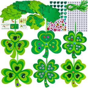 Winlyn 24 Sets St. Patrick's Day Shamrock Ornaments Decorations DIY St. Pat's Craft Kits Assorted Foam Lucky Shamrock Four-Leaf Clover Stickers for Kids Classroom Activities Party Favors Art Project
