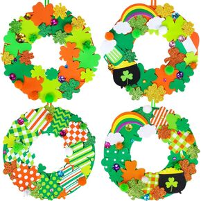 12 Sets St. Patrick's Day Shamrock Wreath Sign Decorations Foam St. Patrick's Day Craft Kits Lucky Shamrock Four-Leaf Clover Rainbow Foam Stickers for Kids Party Favors Classroom Activity Art Project