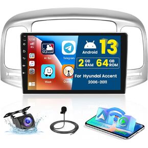 2+64G Android 13 CarPlay Car Stereo Radio for Hyundai Accent 2006-2011, 9'' HD Touch Screen Compatible with Android Auto, AHD Backup Camera, Mirror Link, GPS, WiFi, FM RDS