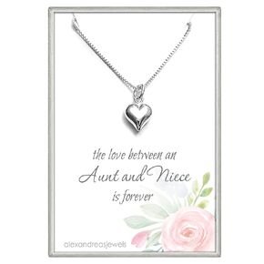 Tiny Delicate and Dainty Sterling Silver Puffed Heart Necklace, Niece Gift Necklace, Aunt Birthday Gift, Aunt and Niece Necklace (14 inches plus 2-inch extender)