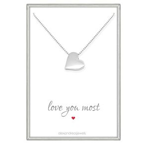 Sterling Silver Heart Necklace, Love You Most, Girlfriend Gift, Gift for Wife, Anniversary Gift, Gift for Daughter (14 inches plus 2-inch extender)