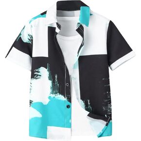 Verdusa Boy's Color Block Shirts Button Up Short Sleeve Summer Shirt Tops