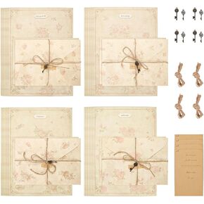 Vintage Floral Stationary Paper and Envelopes Set, 4 Designs Aged Antique Lined Stationery Sets for Letter Writing Kit, 150GSM Heavy Weight Double Sided Old Paper for Greeting Cards,Style A