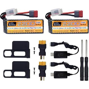 2PCS 11.1V 2200mAh 35C 3S Lipo Battery with T Plug and USB Charging Cable Suitable for MJX H16P H16E H16GT H16BM H16PL 14301 RC Car High-Speed Drift Model Toy Car Upgrade Battery