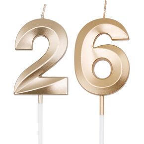 Champagne Gold 26th & 62nd Birthday Candles for Cakes, Number 26 62 Candle Cake Cupcake Topper for Birthday Anniversary Party Decoration