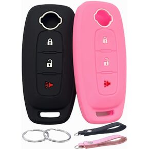 Silicone Rubber Key Fob Cover Compatible with Nissan Pathfinder Rogue (3 Buttons, Black/Pink)