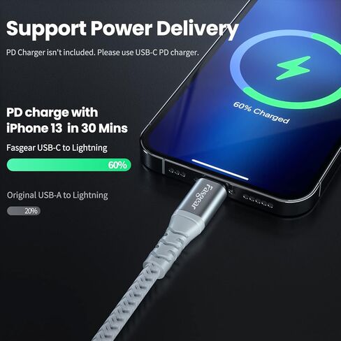 Fasgear USB-C to Lightning Cable 6ft 1 Pack Long MFi Certified Braided USB C to Lightning PD Fast Charger Cord Compatible for iPhone 11 12 13 14 Pro Max X XS XR 8 7 6s Plus SE iPad AirPods Pro Grey in Kuwait