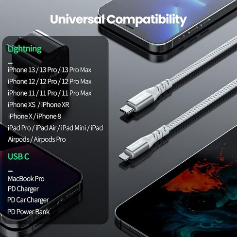 Fasgear USB-C to Lightning Cable 6ft 1 Pack Long MFi Certified Braided USB C to Lightning PD Fast Charger Cord Compatible for iPhone 11 12 13 14 Pro Max X XS XR 8 7 6s Plus SE iPad AirPods Pro Grey in Kuwait