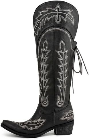 Embroidered Cowboy Boots for Women Knee High Cowgirl Boots Wide Calf Western Lace Up Fashion Boots in Saudi Arabia