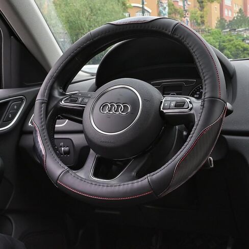 Black Carbon Fiber Genuine Leather Steering Wheel Cover for Men，High-Grade Cowhide Steering Wheel Cover for Cars，Universal 14.5-15 inch Steering Wheel in Saudi Arabia