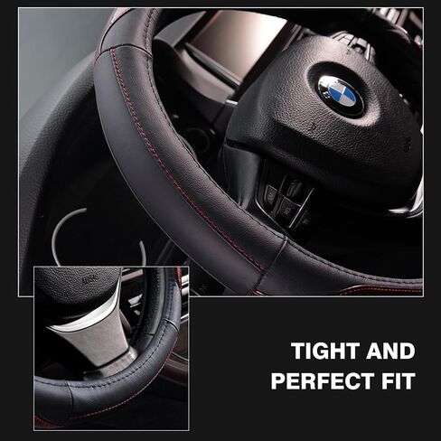 Black Carbon Fiber Genuine Leather Steering Wheel Cover for Men，High-Grade Cowhide Steering Wheel Cover for Cars，Universal 14.5-15 inch Steering Wheel in Saudi Arabia