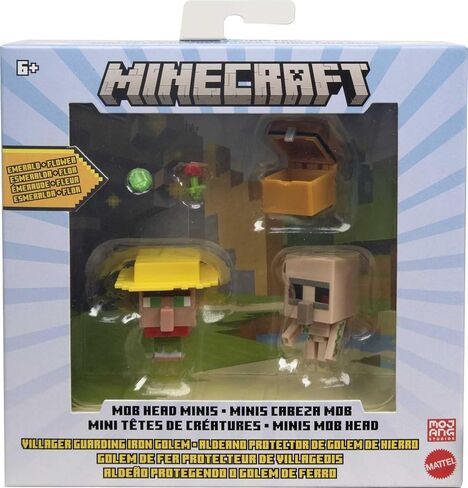 Minecraft Mob Head Minis Villager Guarding Iron Golem Pack with 2 Action Figures & Accessories, Incudes Authentic Pixelated Video-Game Characters Steve & Spider, Age 6 Years & Older in Saudi Arabia