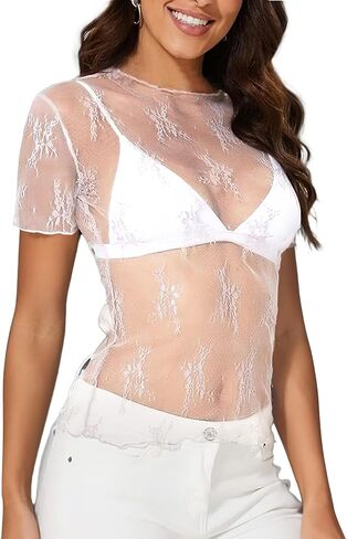 WIHOLL Womens Short Sleeve Mesh Tops Sexy Crew Neck Summer Loose FIt Party Clubwear Shirts in Kuwait