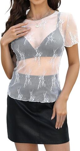 WIHOLL Womens Short Sleeve Mesh Tops Sexy Crew Neck Summer Loose FIt Party Clubwear Shirts in Kuwait