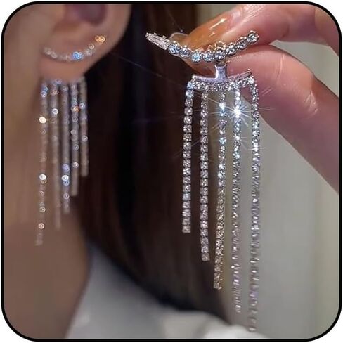 أقراط شرابة فضية من حجر الراين للنساء طويلة لامعة من حجر الراين شرابة للحفلات الراقصة أقراط من حجر الراين أقراط لحفلات الزفاف والحفلات الراقصة ملابس هدايا مجوهرات in Kuwait