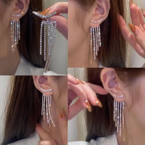 أقراط شرابة فضية من حجر الراين للنساء طويلة لامعة من حجر الراين شرابة للحفلات الراقصة أقراط من حجر الراين أقراط لحفلات الزفاف والحفلات الراقصة ملابس هدايا مجوهرات in Kuwait