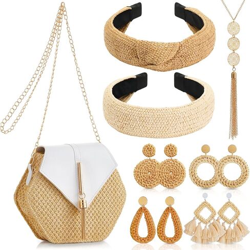 8 Pieces Women Bohemian Straw Purses Bags Crossbody Clutch Purses Summer Rattan Earrings Lightweight Boho Straw Knotted Hair Bands and Disk Circle Pendant Necklace Set in Saudi Arabia