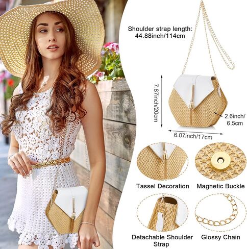 8 Pieces Women Bohemian Straw Purses Bags Crossbody Clutch Purses Summer Rattan Earrings Lightweight Boho Straw Knotted Hair Bands and Disk Circle Pendant Necklace Set in Saudi Arabia