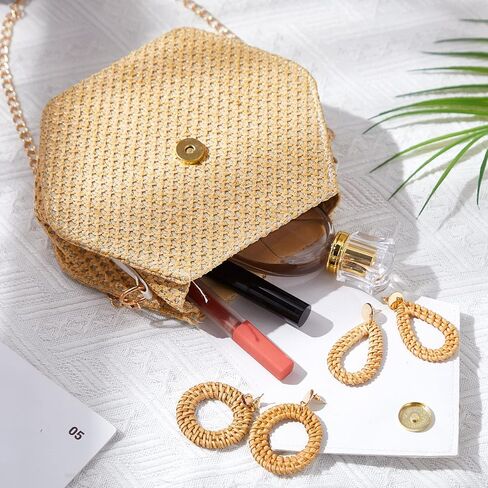 8 Pieces Women Bohemian Straw Purses Bags Crossbody Clutch Purses Summer Rattan Earrings Lightweight Boho Straw Knotted Hair Bands and Disk Circle Pendant Necklace Set in Saudi Arabia