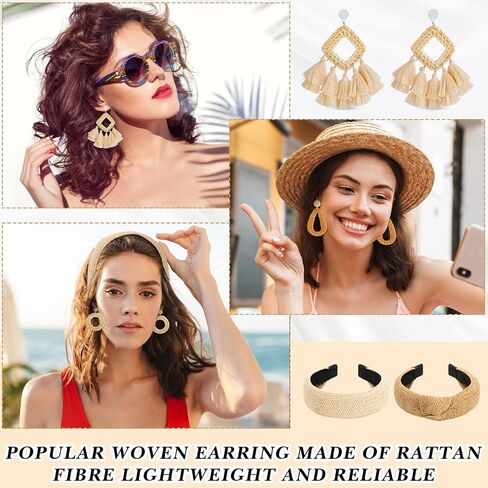 8 Pieces Women Bohemian Straw Purses Bags Crossbody Clutch Purses Summer Rattan Earrings Lightweight Boho Straw Knotted Hair Bands and Disk Circle Pendant Necklace Set in Saudi Arabia