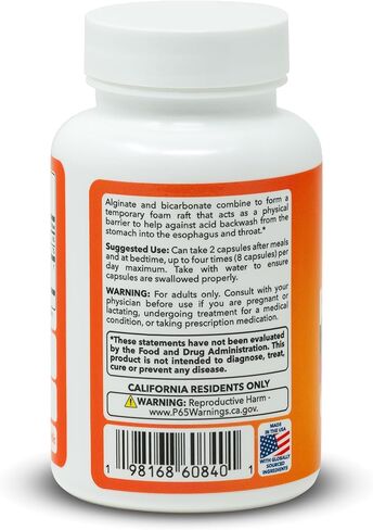 REFLUXTER Natural Acid Reflux Sodium Alginate Supplement - Esophageal Rescue Support for Indigestion, Lpr, Heartburn, Gerd Relief - 60 Capsules. Made in USA in Saudi Arabia