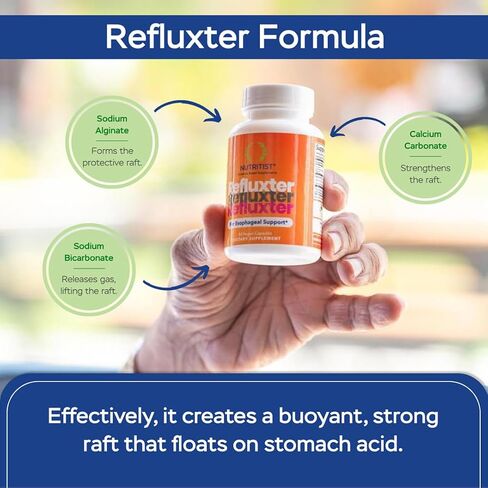 REFLUXTER Natural Acid Reflux Sodium Alginate Supplement - Esophageal Rescue Support for Indigestion, Lpr, Heartburn, Gerd Relief - 60 Capsules. Made in USA in Saudi Arabia