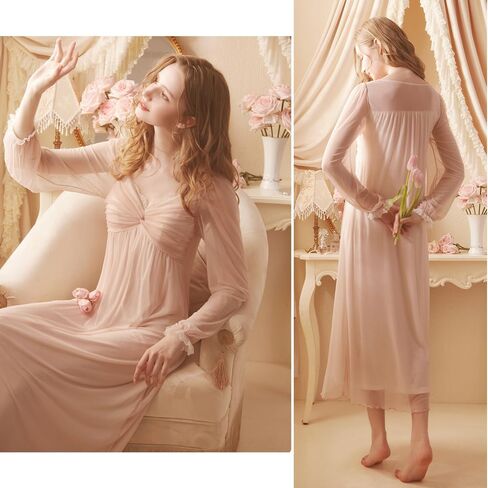 Womens' Long sheer Vintage Nightgown Victorian Princess Nightdress Lace Sleepwear Lounger Chemises Pajamas in Saudi Arabia