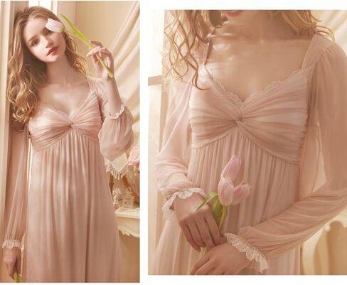 Womens' Long sheer Vintage Nightgown Victorian Princess Nightdress Lace Sleepwear Lounger Chemises Pajamas in Saudi Arabia