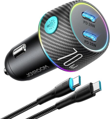 محول شاحن سيارة USB C بقدرة 70 وات، شاحن سيارة سريع بمنفذين USB C مع كابل نايلون مجدول من النوع C بطول 3.3 قدم، شاحن USB ولاعة سجائر مدمج من JOYROOM لهاتف Samsung S23 S22، Piexl، MacBook Air/Pro in Saudi Arabia