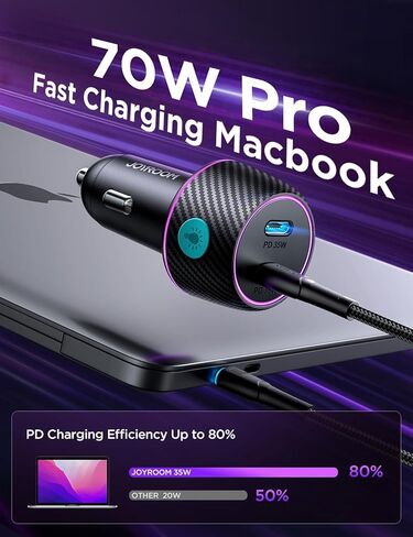 محول شاحن سيارة USB C بقدرة 70 وات، شاحن سيارة سريع بمنفذين USB C مع كابل نايلون مجدول من النوع C بطول 3.3 قدم، شاحن USB ولاعة سجائر مدمج من JOYROOM لهاتف Samsung S23 S22، Piexl، MacBook Air/Pro in Saudi Arabia