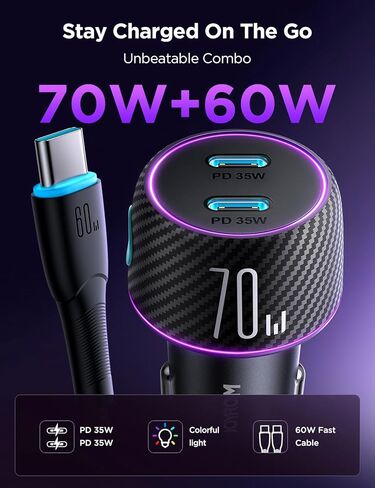 محول شاحن سيارة USB C بقدرة 70 وات، شاحن سيارة سريع بمنفذين USB C مع كابل نايلون مجدول من النوع C بطول 3.3 قدم، شاحن USB ولاعة سجائر مدمج من JOYROOM لهاتف Samsung S23 S22، Piexl، MacBook Air/Pro in Saudi Arabia