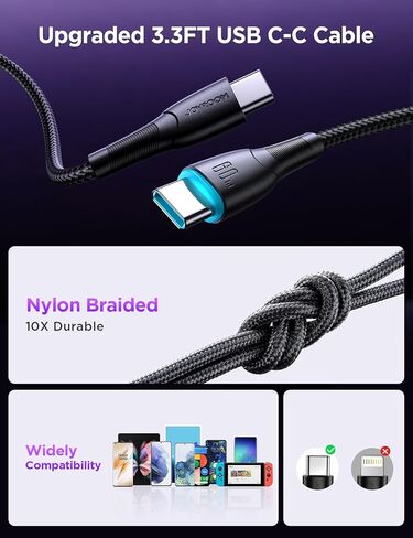 محول شاحن سيارة USB C بقدرة 70 وات، شاحن سيارة سريع بمنفذين USB C مع كابل نايلون مجدول من النوع C بطول 3.3 قدم، شاحن USB ولاعة سجائر مدمج من JOYROOM لهاتف Samsung S23 S22، Piexl، MacBook Air/Pro in Saudi Arabia