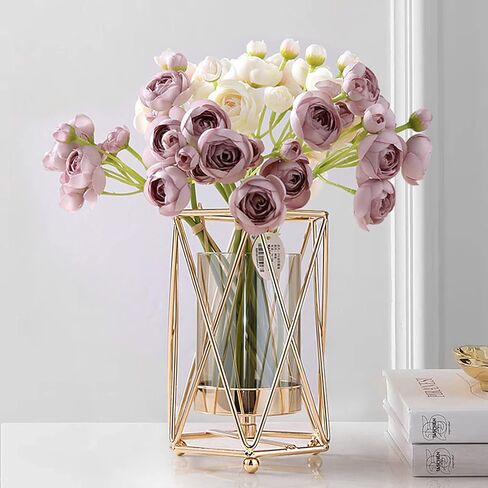 Geometric Glass Vase with Metal Bracket, Crystal Transparent Inner Vase, Hand-Plated Geometric Metal Vase, Rose Gold Vase Decoration for Home Office Wedding Holiday Party Gift in Saudi Arabia