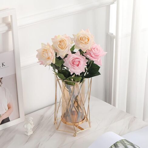 Geometric Glass Vase with Metal Bracket, Crystal Transparent Inner Vase, Hand-Plated Geometric Metal Vase, Rose Gold Vase Decoration for Home Office Wedding Holiday Party Gift in Saudi Arabia