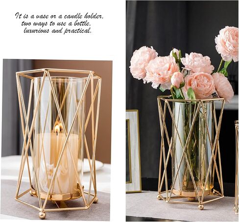 Geometric Glass Vase with Metal Bracket, Crystal Transparent Inner Vase, Hand-Plated Geometric Metal Vase, Rose Gold Vase Decoration for Home Office Wedding Holiday Party Gift in Saudi Arabia
