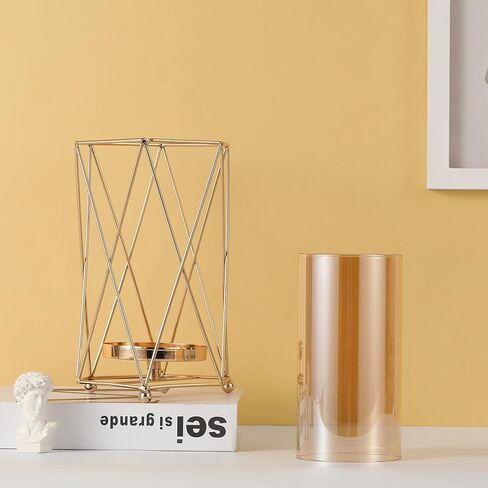 Geometric Glass Vase with Metal Bracket, Crystal Transparent Inner Vase, Hand-Plated Geometric Metal Vase, Rose Gold Vase Decoration for Home Office Wedding Holiday Party Gift in Saudi Arabia