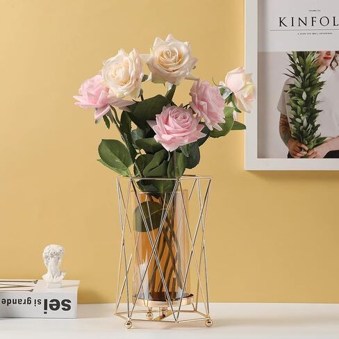 Geometric Glass Vase with Metal Bracket, Crystal Transparent Inner Vase, Hand-Plated Geometric Metal Vase, Rose Gold Vase Decoration for Home Office Wedding Holiday Party Gift in Saudi Arabia