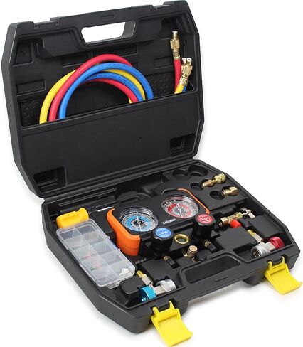 مقاييس التيار المتردد من BACOENG، مجموعة قياس مشعب التيار المتردد لمبرد R134A R410A R404A وR22، مجموعة قياس تيار متردد للسيارة ثلاثية الاتجاهات مع مقياس ضغط مضاد للصدمات، مع خرطوم 4.6FT وزوج من الوصلات السريعة in Kuwait