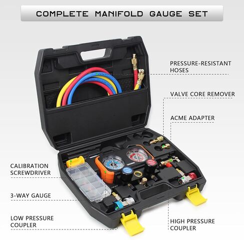 مقاييس التيار المتردد من BACOENG، مجموعة قياس مشعب التيار المتردد لمبرد R134A R410A R404A وR22، مجموعة قياس تيار متردد للسيارة ثلاثية الاتجاهات مع مقياس ضغط مضاد للصدمات، مع خرطوم 4.6FT وزوج من الوصلات السريعة in Kuwait