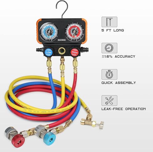 مقاييس التيار المتردد من BACOENG، مجموعة قياس مشعب التيار المتردد لمبرد R134A R410A R404A وR22، مجموعة قياس تيار متردد للسيارة ثلاثية الاتجاهات مع مقياس ضغط مضاد للصدمات، مع خرطوم 4.6FT وزوج من الوصلات السريعة in Kuwait