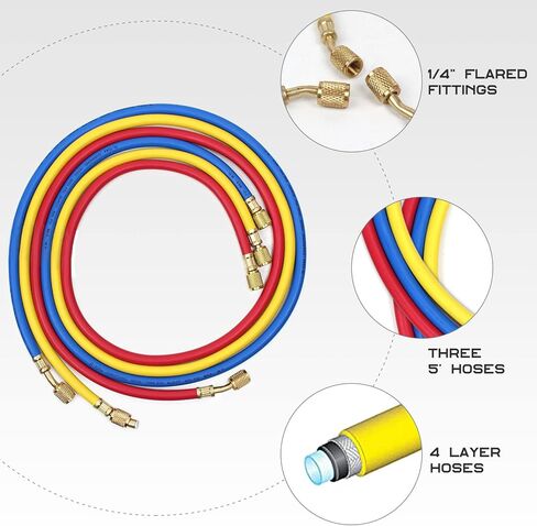 مقاييس التيار المتردد من BACOENG، مجموعة قياس مشعب التيار المتردد لمبرد R134A R410A R404A وR22، مجموعة قياس تيار متردد للسيارة ثلاثية الاتجاهات مع مقياس ضغط مضاد للصدمات، مع خرطوم 4.6FT وزوج من الوصلات السريعة in Kuwait