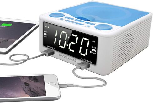 HANNLOMAX HX-300CD Top Loading CD Player, PLL FM Radio, Digital Clock, 1.2" White LED Display, Dual Alarms, Dual USB Ports for 2.1A and 1A Charging, AC/DC Adaptor Included (White_Blue) in Saudi Arabia
